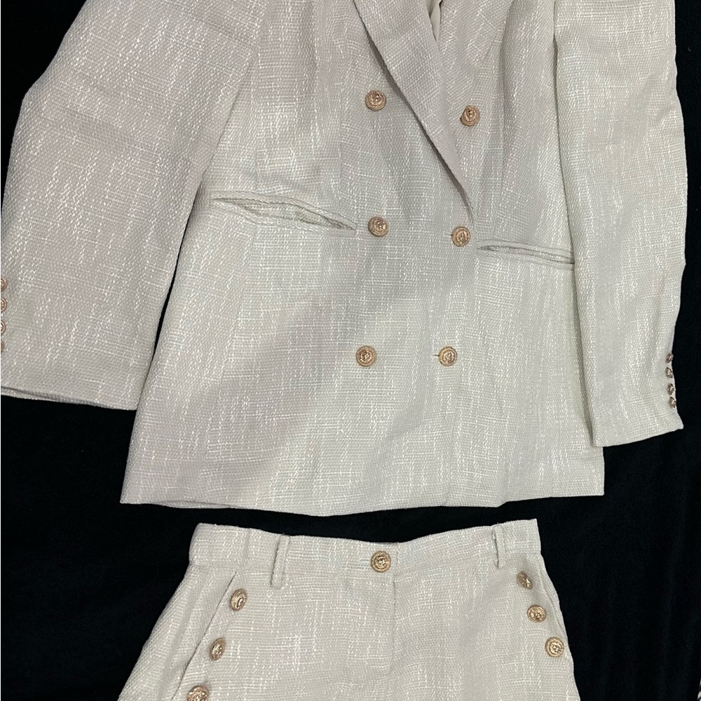 Cream Double-Breasted Blazer with Structured Shoulders